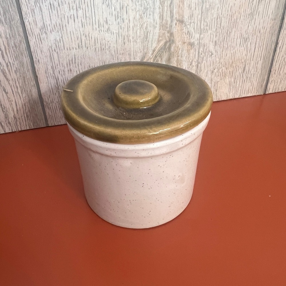 Vintage Ceramic Stoneware Crock with Lid Speckled Cream and Olive Green 4 Inch